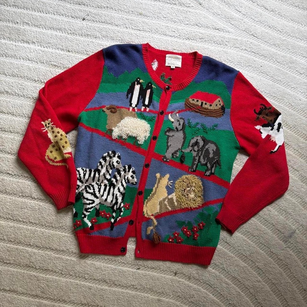 VTG 1994 Susan Bristol Animal Cardigan Sweater size Medium Nature Safari Cottage